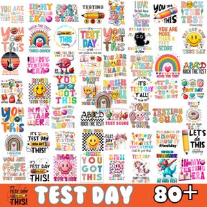 Könnte beinhalten: Eine bunte digitale Collage mit über 80 Designs zum Thema Testtag, mit Regenbögen, Smiley-Gesichtern und Texten wie "Rock the Test" und "You Got This".