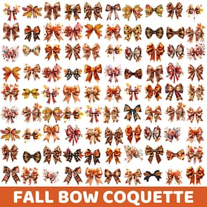 Puede incluir: Una colección de 64 lazos de otoño en varios colores y patrones, incluyendo cuadros, estampado de leopardo, flores y colores sólidos. Los lazos están dispuestos en un patrón de cuadrícula sobre un fondo blanco. El texto "FALL BOW COQUETTE" se muestra en la parte inferior de la imagen.