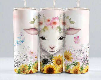 Floral Lamb Tumbler Wrap, Easter Sublimation Design (PNG Digital Download)