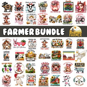 May include: A collection of 25 colorful digital designs featuring farm animals, sunflowers, and text related to farming. The designs include phrases like "Eat, Sleep, Farm", "I Raise Chickens", "Crazy Chicken Lady", and "Farm Life"