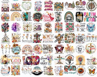 May include: A collection of over 120 religious-themed sublimation designs featuring crosses, floral arrangements, butterflies, rainbows, and inspirational text such as 'Faith', 'God', and 'Jesus' in various colorful, graphic, and artistic styles.