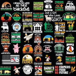 May include: A black and white graphic design with a variety of images and text related to farming. The images include cows, chickens, pigs, tractors, and a farmer. The text includes phrases like "Just a girl who loves goats", "The farmer is a born philosopher", and "Farming is a profession of hope".