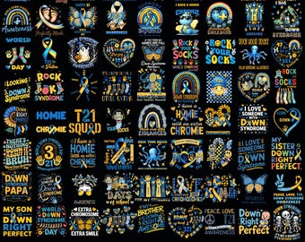 May include: A collection of digital graphic designs featuring blue and yellow color schemes, Down Syndrome awareness symbols, ribbons, rainbows, butterflies, and text phrases like Rock Your Socks and Down Right Perfect on a black background.