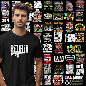 Op de afbeelding: Zwart t-shirt met het woord "RETIRED" en een geweer in het wit. Het shirt is omgeven door diverse patriottische en militaire ontwerpen, waaronder vlaggen en teksten als "USA Army" en "Proud Veteran."