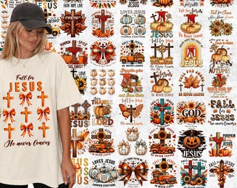 Puede incluir: Una colección digital de diseños de sublimación con temática otoñal que incluye cruces, calabazas, girasoles, camiones y lazos. Los gráficos presentan textos religiosos como Fall for Jesus, He Never Leaves y God en varios diseños.