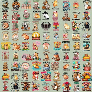 May include: A collection of colorful capybara-themed stickers with various designs and text. The stickers feature capybaras in different poses and outfits, with phrases like "Chill and be Merry!" and "Capybaraccino."