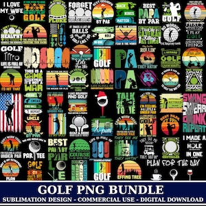 May include: A digital collection of golf-themed graphic designs featuring various illustrations of golfers, golf balls, clubs, and carts, accompanied by humorous text slogans about the sport, presented in a grid layout on a black background.