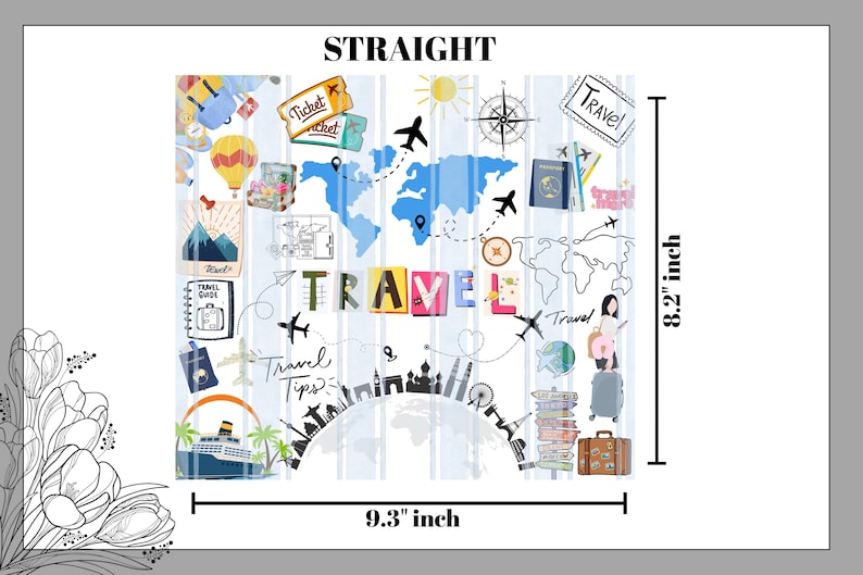 K&ouml;nnte beinhalten: Ein Design zum Thema Reisen mit dem Wort "TRAVEL" in bunten Buchstaben. Das Design umfasst eine Weltkarte, Flugzeuge, Tickets, einen Kompass und einen Koffer. Das Bild ist 23,6 cm breit und 20,8 cm hoch.