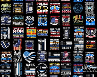 Peut inclure: Un collage de 36 designs différents mettant en scène le drapeau de la ligne bleue fine, des insignes de police et du texte relatif aux policiers, notamment "Police Wife", "Proud Mom", "Future Police Officer", "Retired Not My Problem Anymore", "Support Your Local Police", "Back the Blue", "My Dad is a Police Officer", et "God Bless the Police".