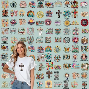 May include: A collage of 48 colorful digital designs featuring Christian themes. The designs include crosses, flowers, butterflies, and inspirational quotes. The designs are perfect for creating t-shirts, mugs, tote bags, and other crafts.