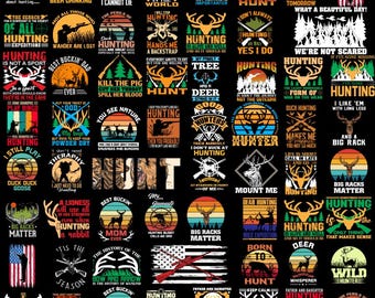 May include: A collection of graphic designs featuring hunting themes, deer silhouettes, and rifles. The images include various slogans such as 'Big Racks Matter', 'Hunting is a Sport', and 'Born to Hunt', set against sunset backgrounds and American flag motifs.