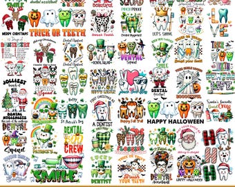 May include: A digital collection of dental-themed graphic designs featuring cartoon teeth characters, holiday motifs, and text elements like Dental Squad, Trick or Teeth, and Merry Christmas, presented as a comprehensive PNG bundle for sublimation.