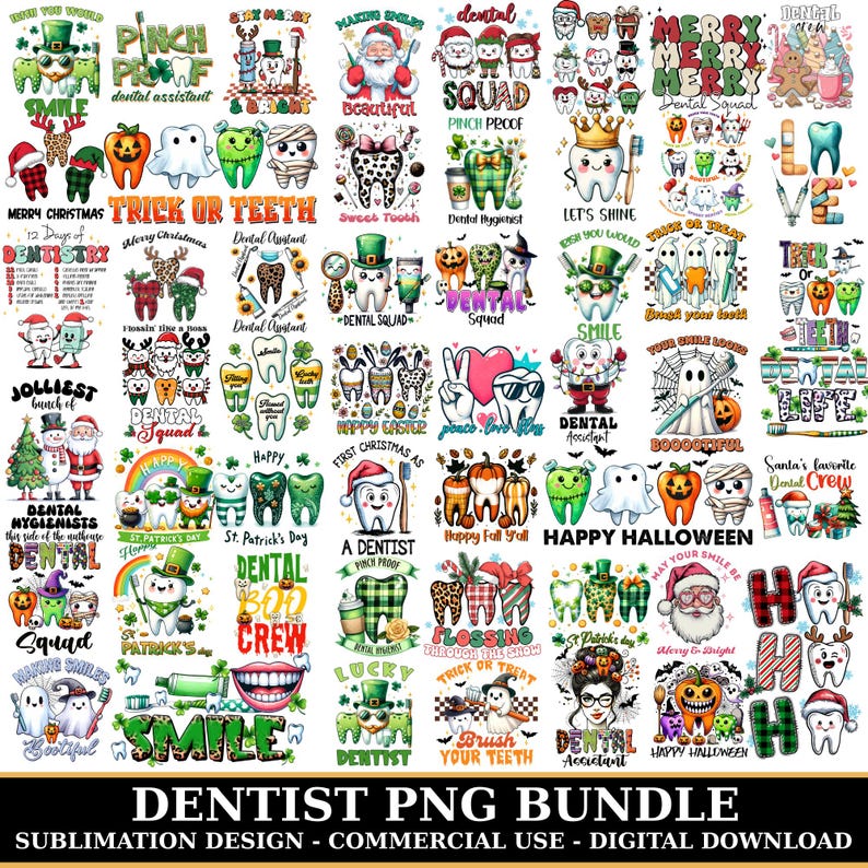 May include: A digital collection of dental-themed graphic designs featuring cartoon teeth characters, holiday motifs, and text elements like Dental Squad, Trick or Teeth, and Merry Christmas, presented as a comprehensive PNG bundle for sublimation.