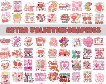 May include: A collection of 40 retro Valentine's Day graphics featuring hearts, love-themed phrases, and cute illustrations. The graphics are in a pink and red color scheme and have a vintage aesthetic.
