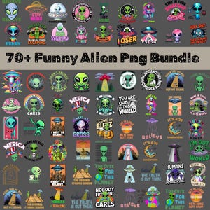 Puede incluir: Una colección de más de 70 gráficos PNG de alienígenas divertidos. Los diseños presentan varios personajes alienígenas, ovnis y frases humorísticas como "Stay Weird" e "I Come in Buzz". La paleta de colores incluye verde, morado y azul.