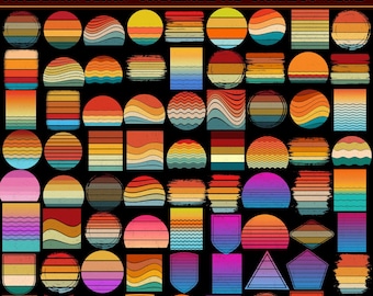 May include: A collection of over 300 sunset clipart designs featuring various geometric shapes like circles, squares, and shields. The graphics display horizontal stripes in gradients of red, orange, yellow, blue, and purple with distressed textures.