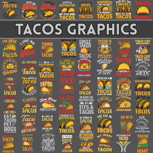 Könnte beinhalten: Eine Sammlung von Grafiken zum Thema Tacos mit verschiedenen Phrasen und Illustrationen. Die Designs zeigen Tacos mit Text wie "Taco Tuesday" und "I love tacos". Die Farbpalette umfasst Gelb, Rot und Schwarz.