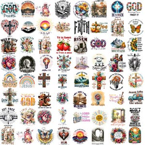 May include: A collection of 48 colorful digital designs featuring Christian themes. The designs include crosses, butterflies, flowers, hearts, and inspirational quotes. The designs are perfect for creating t-shirts, mugs, phone cases, and other personalized items.