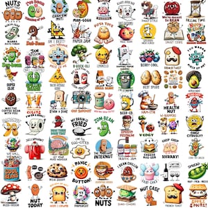 Puede incluir: Una colección de pegatinas coloridas de estilo caricatura con juegos de palabras sobre comida e ilustraciones humorísticas. Los diseños incluyen frijoles, nueces, frutas y otros alimentos con textos y diseños de personajes divertidos. Adecuado para diversos usos.