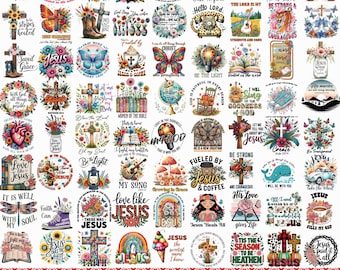 May include: A digital collection of 240+ Christian-themed sublimation designs featuring various illustrations including crosses, floral arrangements, butterflies, coffee cups, Bibles, and inspirational text phrases, presented in a grid layout.