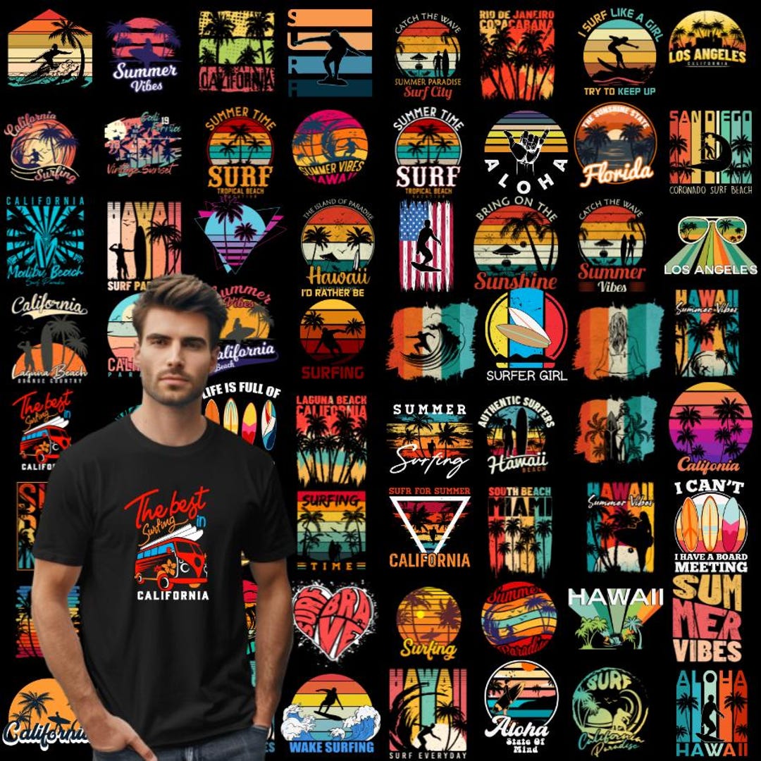 Retro Surfing Graphics, Summer Surf, Png Bundle, Surfer Shirt, Surfer ...