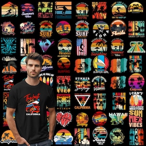 May include: A collage of 36 colorful, retro-style designs featuring surfboards, palm trees, and text related to surfing and Hawaii. The designs are set against a black background.