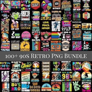 May include: A collection of retro 90s-themed PNG graphics. The designs include boomboxes, cassette tapes, and phrases like "Hip Hop," "Old School," and "Made in the 90s." The color palette features vibrant hues on a black background. The text "100+ 90S RETRO PNG BUNDLE" is also visible.