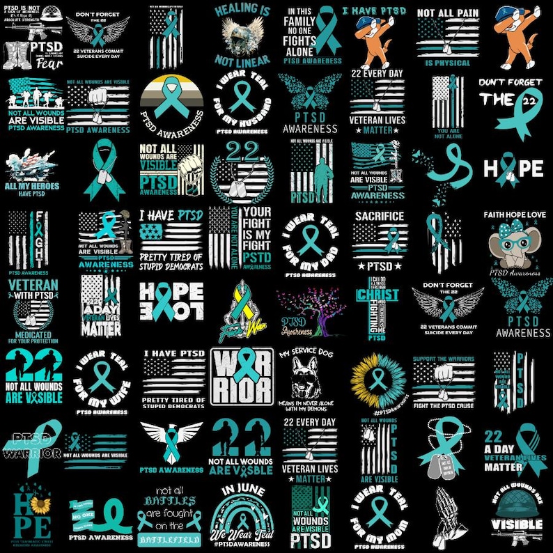 May include: A teal blue ribbon with the words "PTSD Awareness" and various other phrases related to PTSD, veterans, and mental health. The background is black with a variety of graphic elements, including American flags, military symbols, and other designs.