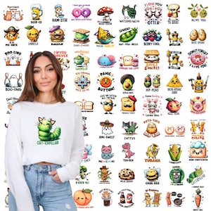 May include: A white long-sleeved shirt with a colorful cartoon caterpillar graphic and the text "Cat-Erpillar". The shirt is surrounded by a grid of 36 colorful cartoon images, each with a unique design and text.