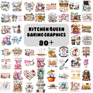 May include: A collection of over 80 colorful digital graphics featuring baking-themed designs. The graphics feature various kitchen-related images, including a whisk, a mixer, a chef's hat, and a cake. The text "Kitchen Queen Baking Graphics 80+ " is displayed in bold black letters.
