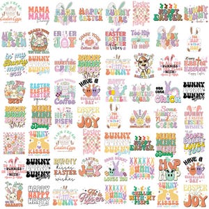 May include: A collection of 40 colorful Easter-themed designs featuring bunnies, eggs, and various Easter-related phrases. The designs are in a retro style with bold colors and fonts.