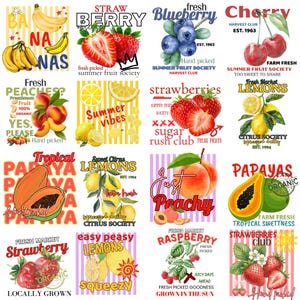 May include: A collection of sixteen square graphic designs featuring watercolor illustrations of various fruits including bananas, strawberries, blueberries, cherries, peaches, lemons, papayas, and raspberries, accompanied by stylized text labels.