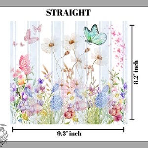 May include: A straight, floral-themed design with butterflies and flowers. The design features a watercolor style with a variety of flowers in shades of pink, purple, and blue. The design is 9.3 inches wide and 8.2 inches tall.