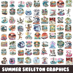 May include: A collection of 48 colorful digital illustrations featuring skeletons enjoying summer activities like surfing, sunbathing, and riding bikes. The illustrations are perfect for creating t-shirts, mugs, tote bags, and other summer-themed merchandise.