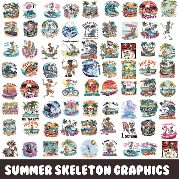 Funny Summer Skeleton Bundle, Summer Cliparts, Bundle Sublimation, Funny Png, Summer Vibes, Beach Time, Beach Shirt, Digital Download