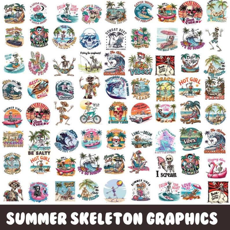 May include: A collection of 48 colorful digital illustrations featuring skeletons enjoying summer activities like surfing, sunbathing, and riding bikes. The illustrations are perfect for creating t-shirts, mugs, tote bags, and other summer-themed merchandise.