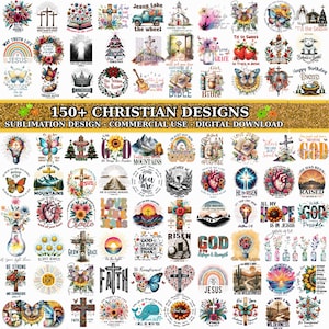 Pode incluir: Uma coleção digital de mais de 150 designs de sublimação com temática cristã, incluindo cruzes, borboletas, flores, corações e textos religiosos. A folha gráfica exibe várias ilustrações coloridas e citações inspiradoras para impressão.