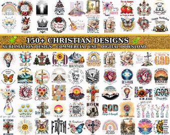 May include: A digital collection of over 150 Christian-themed sublimation designs featuring crosses, butterflies, flowers, hearts, and religious text. The graphic sheet displays various colourful illustrations and inspirational quotes for printing.