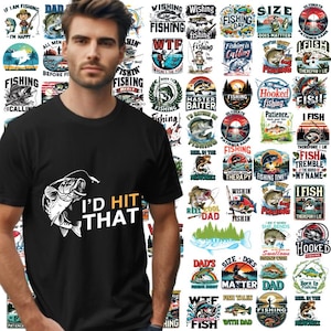 May include: A black t-shirt with a white graphic of a fish and the text "I'd Hit That". The shirt is surrounded by a collage of colorful fishing-themed designs with various slogans and images.