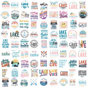 May include: A collection of 48 colorful graphic designs featuring lake-themed text and illustrations. The designs include phrases like "Lake Life", "Lake Vibes", "Living the Dream", and "Boat Waves Sun Rays Lake Days".