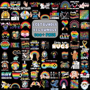 May include: A collection of over 500 digital images featuring LGBTQ+ pride designs. The images include rainbows, hearts, and text such as "Love is Love", "Pride", "Be You", and "Born This Way".