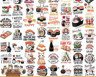 Puede incluir: Una colección digital de ilustraciones con temática de sushi que incluye rollos de sushi antropomórficos, gatos y botellas de salsa de soja con juegos de palabras como They See Me Rolling, You're My Soymate y Sushi Time en diseños coloridos.