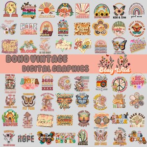 Pu&ograve; includere: Una collezione di 30 grafiche digitali che presentano una variet&agrave; di design con un'estetica boho vintage. Le grafiche presentano una variet&agrave; di colori, tra cui rosa, giallo, verde, blu e marrone. Le grafiche presentano una variet&agrave; di design, tra cui fiori, farfalle, funghi, arcobaleni e soli. Le grafiche presentano anche una variet&agrave; di testi, tra cui "boho", "vintage", "good vibes", "stay wild", "hope", e "be happy".