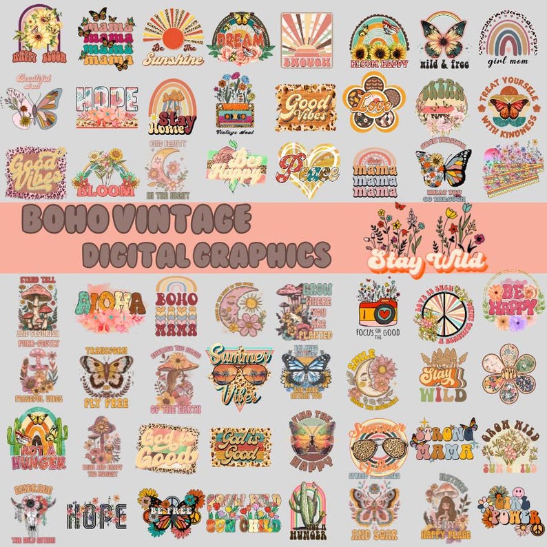 Pu&ograve; includere: Una collezione di 30 grafiche digitali che presentano una variet&agrave; di design con un'estetica boho vintage. Le grafiche presentano una variet&agrave; di colori, tra cui rosa, giallo, verde, blu e marrone. Le grafiche presentano una variet&agrave; di design, tra cui fiori, farfalle, funghi, arcobaleni e soli. Le grafiche presentano anche una variet&agrave; di testi, tra cui "boho", "vintage", "good vibes", "stay wild", "hope", e "be happy".