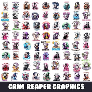 May include: A collection of 36 digital designs featuring a cartoon Grim Reaper in various poses and settings. The designs include phrases like "Death Metal", "Cereal Killer", "I Love Plants", and "Just Peachy".