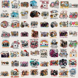 May include: A collection of colorful camera stickers with various designs and text. The stickers feature vintage and modern camera illustrations, floral accents, and phrases like "Shoot," "Snap," and "Photography."