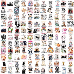 Puede incluir: Una colección de 64 diseños digitales coloridos con gatos y refranes humorísticos. Los diseños incluyen gatos en varias poses, con diferentes expresiones y con diferentes accesorios. Los refranes están todos relacionados con los gatos y sus personalidades.