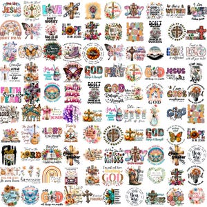 May include: A collection of colorful Christian-themed designs, featuring crosses, butterflies, flowers, and inspirational quotes. The designs include phrases like "Jesus," "Faith," and "God is in Control," suitable for various craft projects.