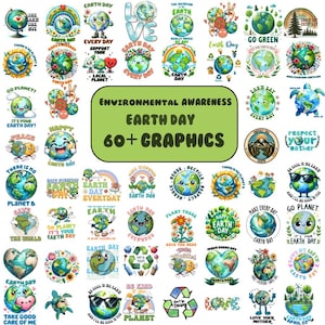 Może przedstawiać: Zbiór ponad 60 kolorowych grafik na Dzień Ziemi z ilustracjami planety Ziemia z różnymi przesłaniami dotyczącymi świadomości ekologicznej, takimi jak "Go Green", "Save the Bees" i "Love Your Mother".