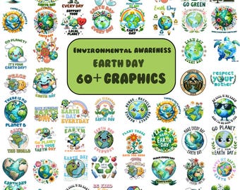 Puede incluir: Una colección de más de 60 gráficos coloridos del Día de la Tierra con ilustraciones del planeta Tierra con varios mensajes sobre conciencia ambiental, como "Go Green", "Save the Bees" y "Love Your Mother".